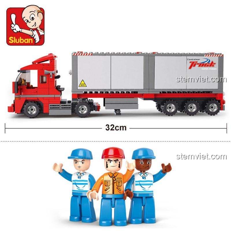 Kích thước đồ chơi mô hình xe tải vận chuyển Sluban B0338 dài 32cm, kèm 3 nhân vật.
