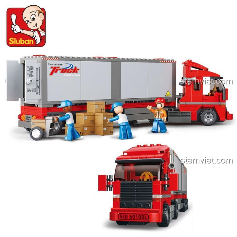 Bộ xếp hình Sluban M38B0338 mô hình xe tải hạng nặng với cửa container có thể mở và 3 minifigures.