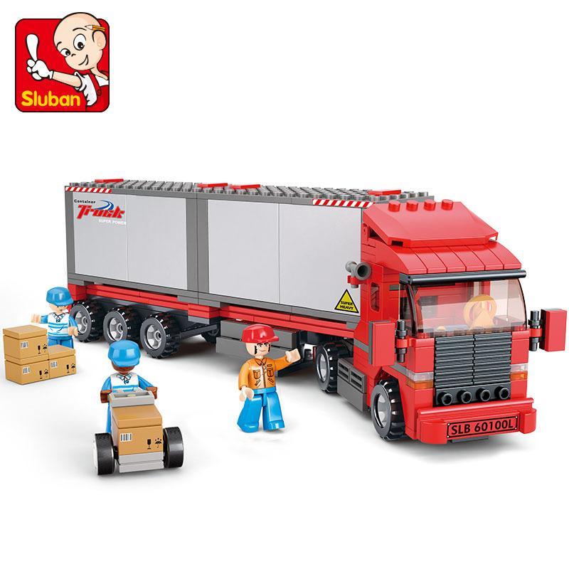 Bộ lắp ráp xe tải container Sluban M38-B0338 cho bé trai 6 tuổi, mô hình xe đầu kéo chở hàng giá rẻ.