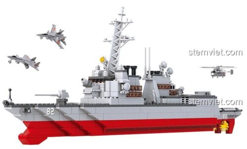đồ chơi mô hình Tàu Khu Trục Sluban M38-B0390 kèm máy bay và trực thăng, bộ xếp hình quân sự cho con trai