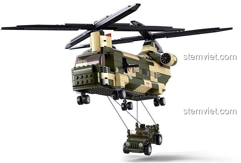 Sluban M38-B0508 Bộ đồ chơi Xe quân sự Trực thăng vận tải quân sự đang chở xe jeep, Tương thích LEGO®, 520 chi tiết, phù hợp cho bé trai 6 tuổi