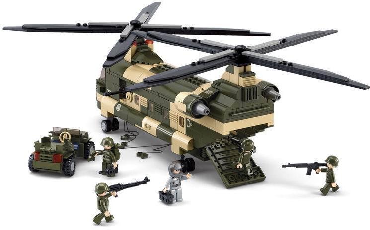 Sluban M38-B0508 Bộ đồ chơi Xe quân sự Trực thăng vận tải quân sự với 5 minifigures và xe jeep, Tương thích LEGO®, 520 chi tiết, phù hợp cho bé trai 6 tuổi