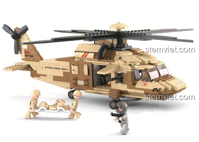 Bộ đồ chơi lắp ráp Máy bay trực thăng quân sự Black Hawk B0509 với 3 minifigures lính, tái hiện cảnh cứu hộ, phù hợp cho bé trai 6 tuổi yêu thích quân sự