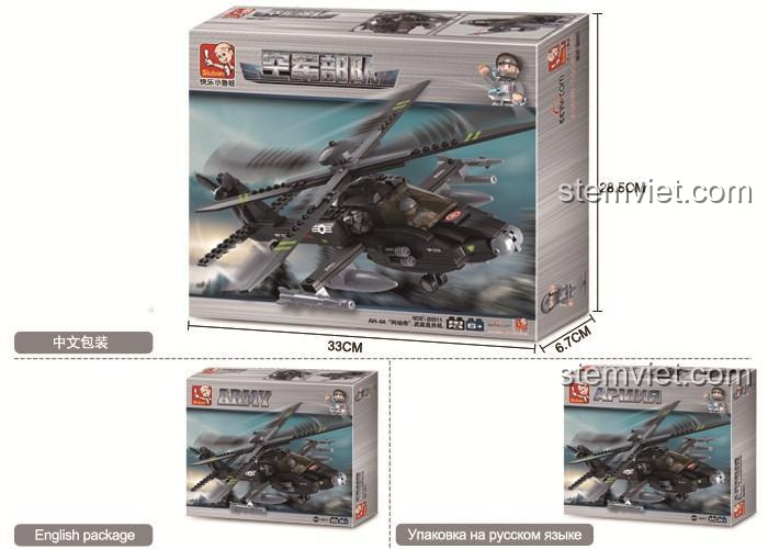 Hộp bộ xếp hình M38-B0511 chủ đề Trực thăng chiến đấu Apache Sluban, chất lượng cao, gồm 239 mảnh ghép.