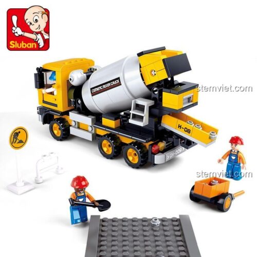 Sluban M38-B0550 Xe trộn bê tông bộ lắp ghép cho bé trai 6 tuổi với 296 mảnh ghép, màu vàng chủ đạo, tương thích LEGO®