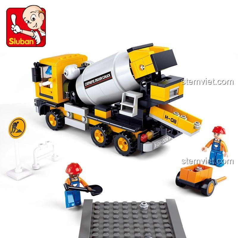 Sluban M38-B0550 Xe trộn bê tông bộ lắp ghép cho bé trai 6 tuổi với 296 mảnh ghép, màu vàng chủ đạo, tương thích LEGO®