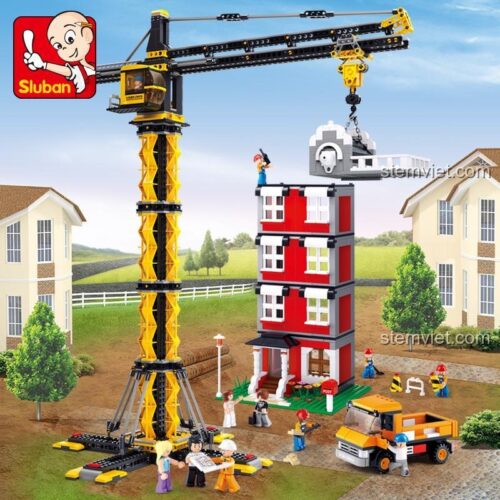 Sluban M38-B0555 bộ đồ chơi xe cẩu tháp công trình lớn, xe tải, nhà cửa và 6 minifigures
