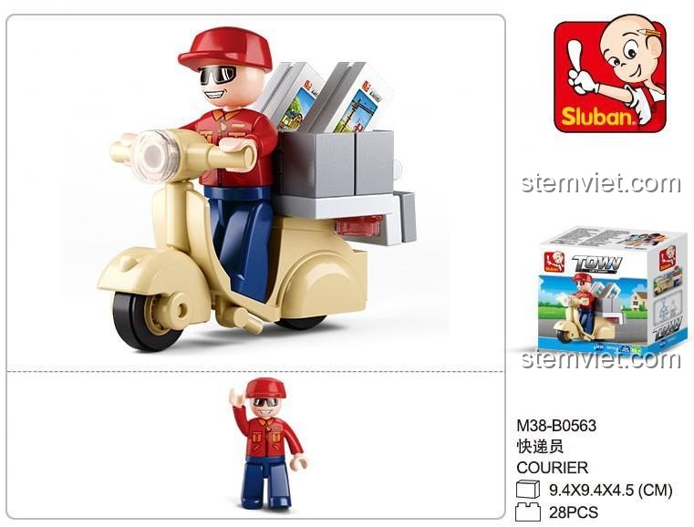 Hộp đồ chơi lắp ráp Sluban M38-B0563 Shipper, mô tả sản phẩm và kích thước hộp, đồ chơi cho bé trai 6 tuổi.