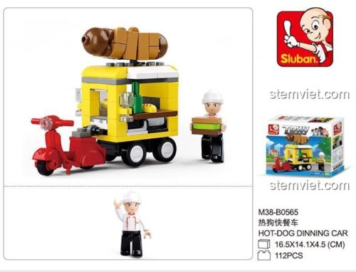 Hộp bộ lắp ghép Sluban M38-B0565 Xe Tải Bán Xúc Xích Nóng 112 mảnh, thể hiện kích thước hộp 16.5x14.1x4.5 cm, đồ chơi xây dựng giá rẻ cho bé 6 tuổi.