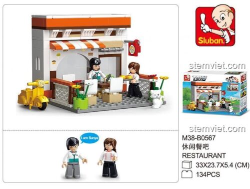 Chi tiết bộ đồ chơi mô hình Quán Ăn Mini Sluban B0567, gồm 134 mảnh ghép, 2 minifigures và hộp sản phẩm. Lựa chọn tiết kiệm cho bé gái 6 tuổi.