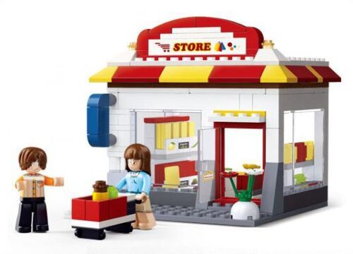 bộ lắp ghép Cửa hàng tiện lợi Sluban M38-B0571 với 2 nhân vật mini, đồ chơi xếp hình giá rẻ cho bé gái 6 tuổi.