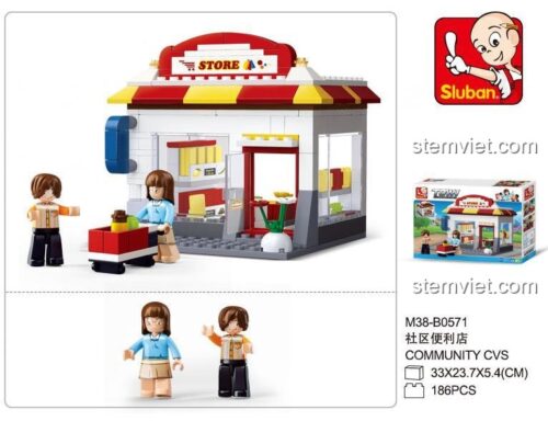 Hộp đồ chơi xếp hình Sluban M38-B0571 Cửa hàng tiện lợi, gồm 186 chi tiết, kích thước hộp 33x23.7x5.4cm.
