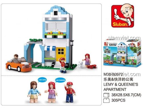 Hộp sản phẩm và chi tiết bộ đồ chơi xếp hình Sluban B0572 Ngôi nhà thành phố, gồm 3 minifigures Lemy, Queenie và cậu bé giao hàng. Lựa chọn thay thế tiết kiệm cho LEGO®.