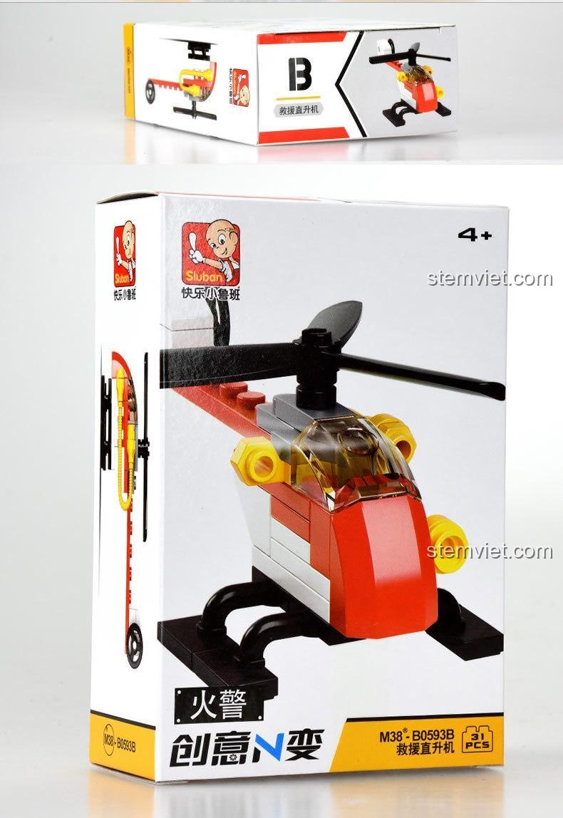 Hộp bộ lắp ráp xe cứu hỏa Sluban M38-B0593B, đồ chơi mô hình trực thăng cứu hộ cho bé trai 4 tuổi, chất lượng cao.