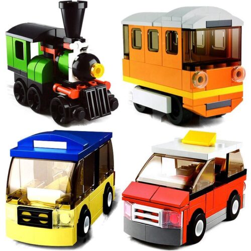 Bộ lắp ráp Sluban M38-B0598B 4 kiểu phương tiện giao thông, đồ chơi lắp ráp tàu điện ngầm, đầu máy xe lửa, taxi, xe buýt cổ điển cho bé trai, bé gái 4 tuổi, giá tốt.