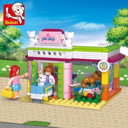 Sluban M38-B0602 Bộ lắp ghép Cửa hàng thú cưng cho bé gái 6 tuổi với 195 mảnh ghép, màu hồng chủ đạo, có 2 minifigure