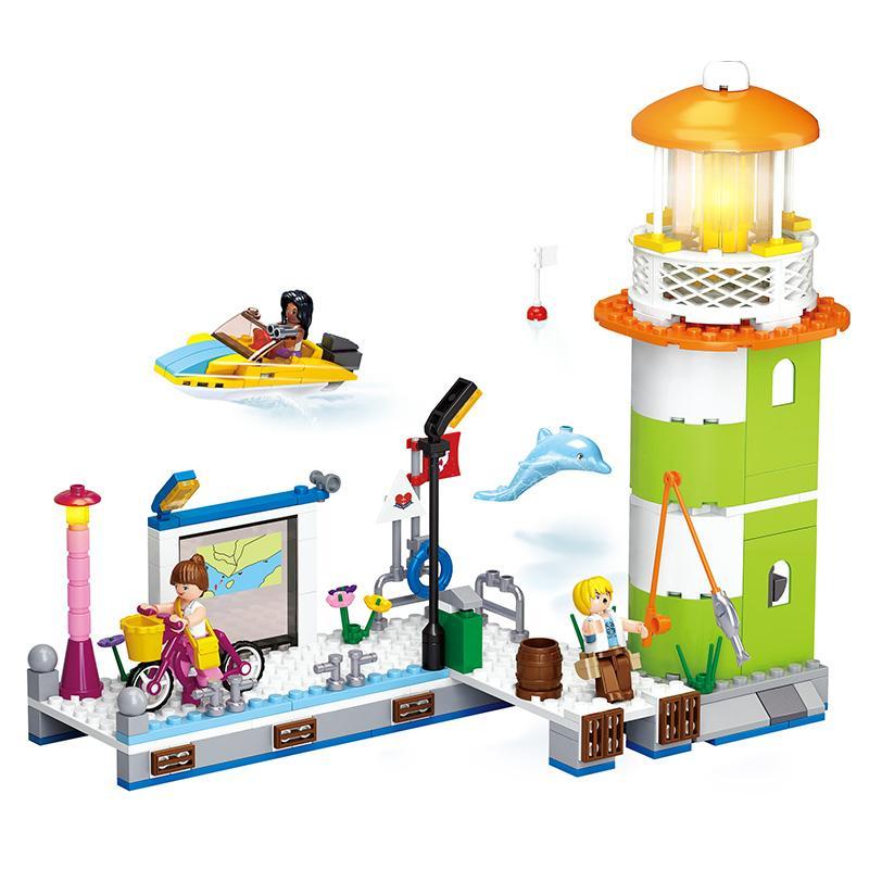 Khám phá bộ lắp ráp Hải Đăng Vịnh Cá Heo Sluban M38-B0607 với đèn LED lung linh, 3 minifigure đáng yêu và chủ đề biển lãng mạn, món quà giá tốt cho bé gái 6 tuổi.