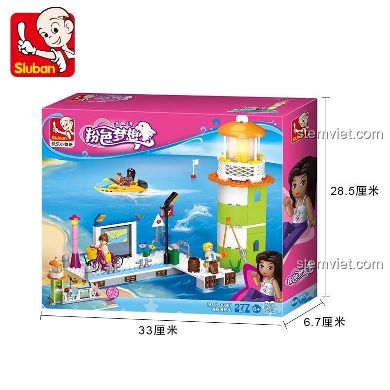 Hộp sản phẩm bộ đồ chơi M38-B0607 Sluban Hải Đăng Vịnh Cá Heo Mơ Ước Hồng 277 mảnh ghép, món quà giá tốt cho bé gái 6 tuổi.