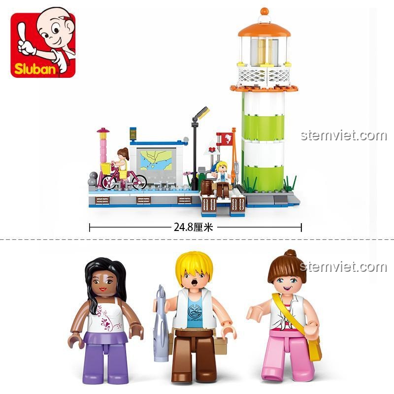 Kích thước chi tiết của mô hình Hải Đăng Vịnh Cá Heo M38B0607 từ Sluban, cùng 3 minifigure độc đáo, giúp bé gái 6 tuổi dễ dàng hình dung và chơi.
