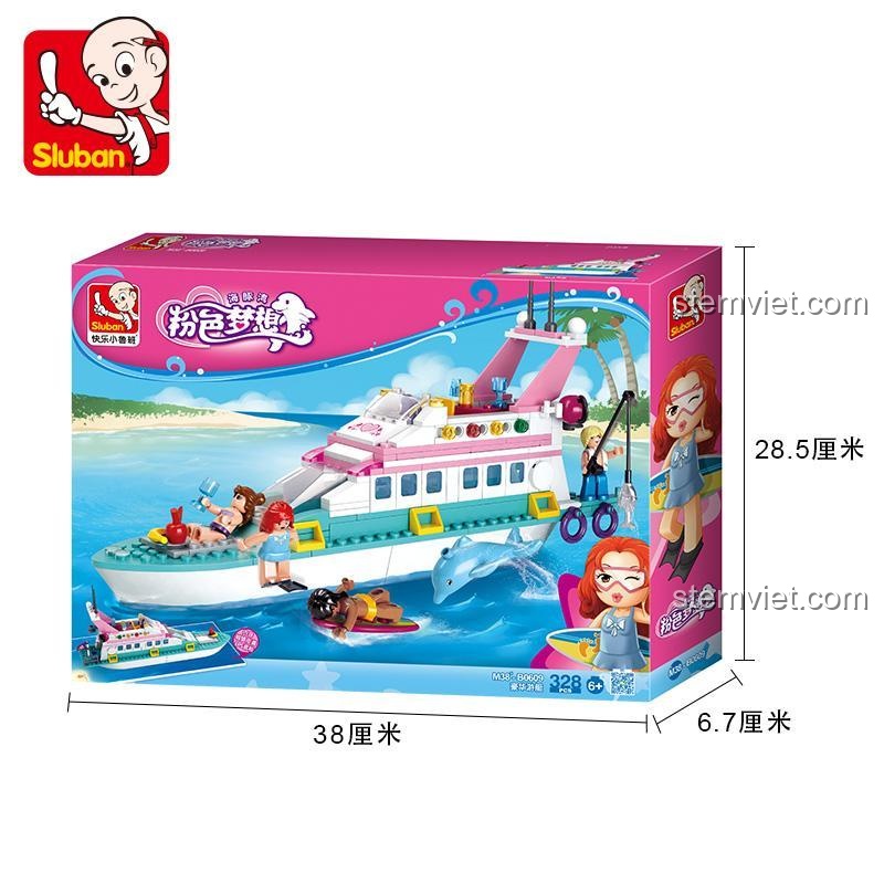 Hộp đồ chơi lắp ráp Sluban M38-B0609 Du thuyền Giấc Mơ Hồng, kích thước hộp 38x28.5x6.7cm, phù hợp bé gái.