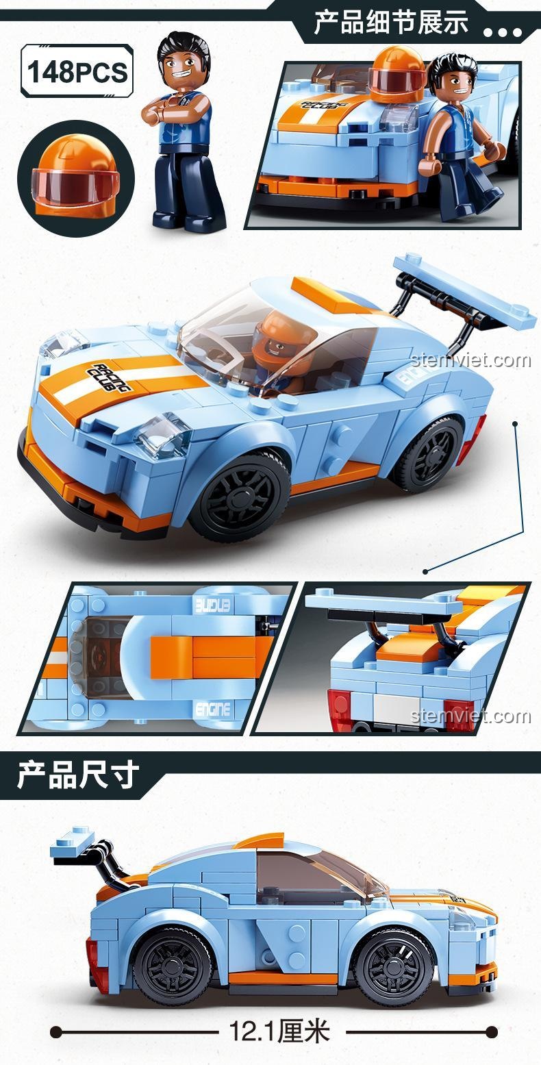 Chi tiết và kích thước đồ chơi mô hình Siêu xe Báo Xanh Sluban B0633A, chiều dài 12.1cm, phù hợp cho bé trai.