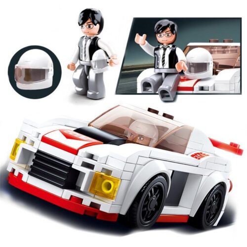 bộ lắp ráp Xe đua Kỵ Sĩ Trắng Đen Sluban M38-B0633C, đồ chơi cho bé trai 6 tuổi, giá rẻ. Bao gồm xe đua và minifigure tay đua.