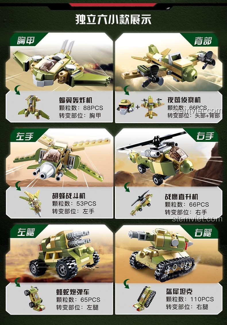 6 mô hình quân sự nhỏ trong bộ đồ chơi mô hình Sluban M38-B0636: máy bay, trực thăng, xe tăng, xe tên lửa. Giá rẻ, chất lượng.