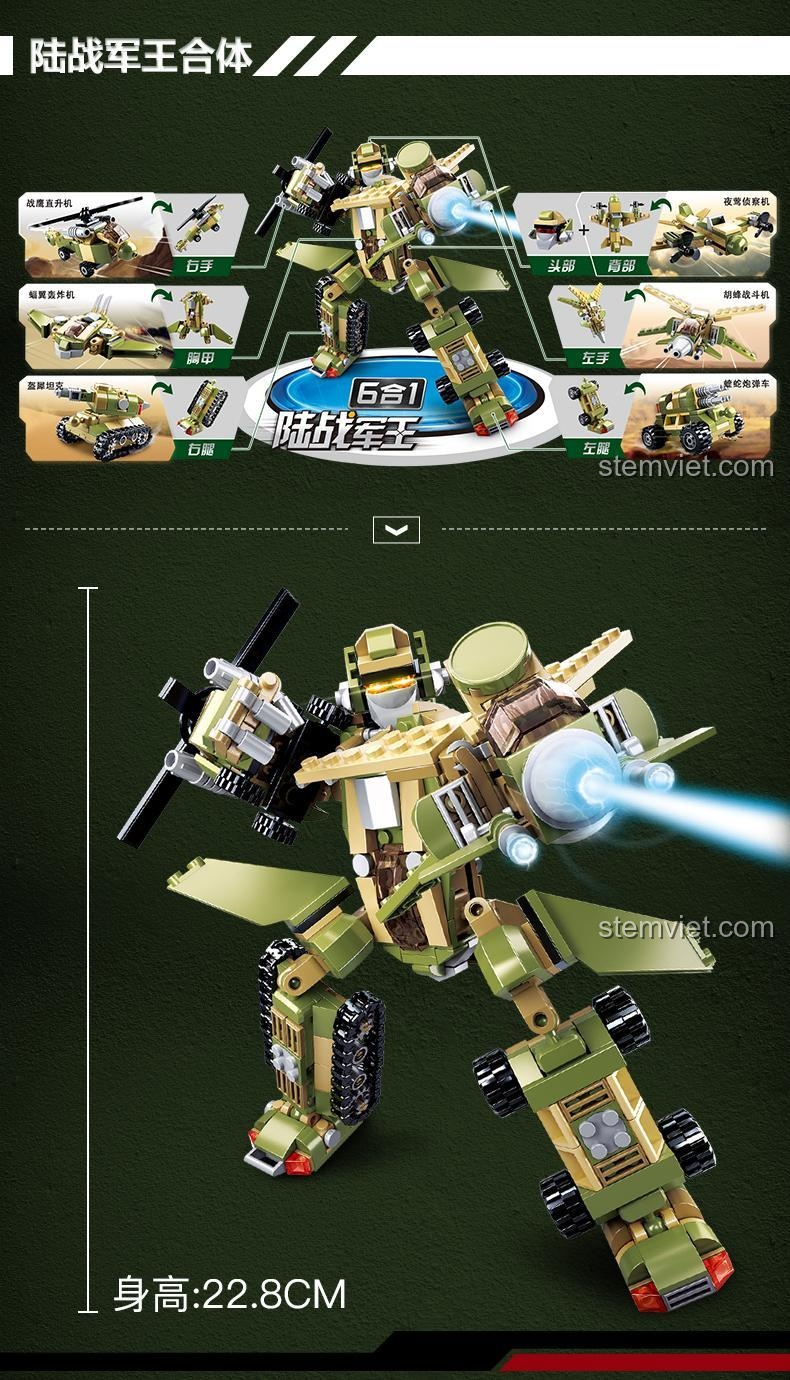 Mô hình Robot hợp thể quân sự Sluban M38B0636 cao 22.8cm sau khi lắp ráp từ 448 chi tiết. Đồ chơi sáng tạo cho bé trai.