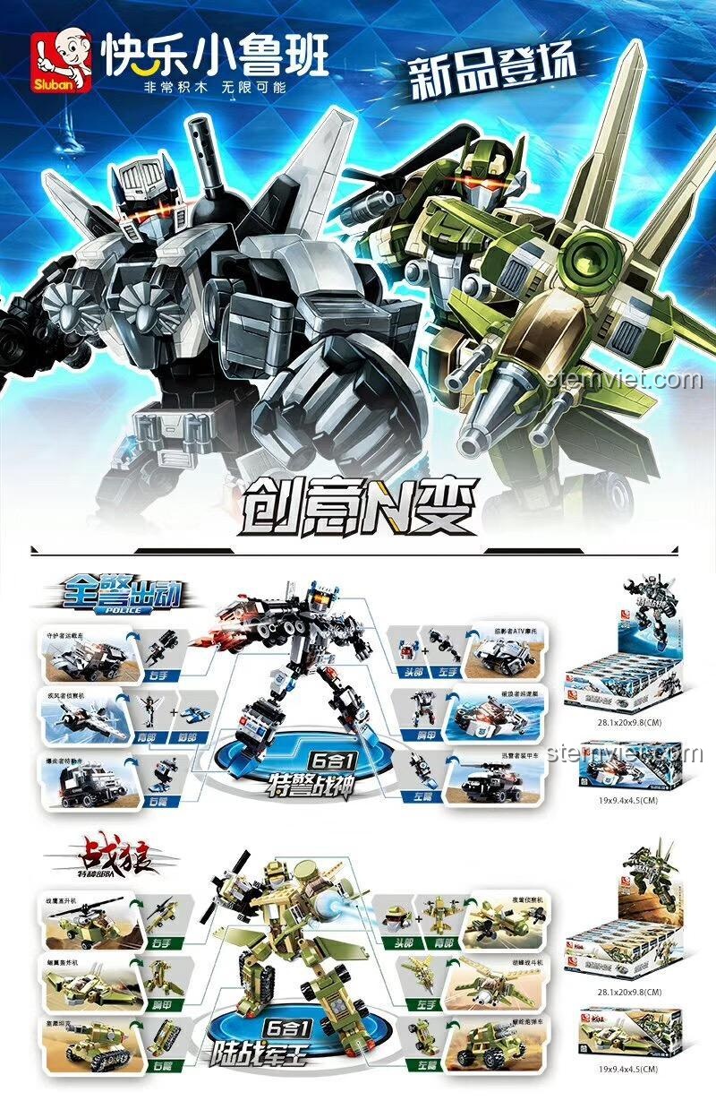So sánh bộ lắp ghép Robot Lục Chiến Quân Vương Sluban M38-B0636 và bộ Đặc Cảnh Chiến Thần. Cả hai đều là đồ chơi hợp thể sáng tạo.