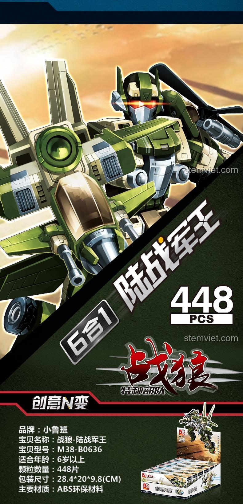Thông số kỹ thuật bộ xếp hình Robot Chiến Lang Sluban B0636, gồm 448 mảnh, kích thước hộp 28.4x20x9.8cm, chất liệu nhựa ABS an toàn.