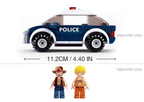 Kích thước 11.2cm của đồ chơi mô hình Sluban M38-B0650 và 2 minifigures cảnh sát, tội phạm. Đồ chơi cho bé trai 6 tuổi.