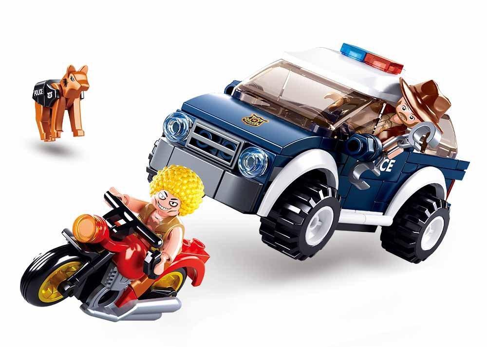bộ lắp ghép Xe Tuần Tra Cảnh Sát Sluban M38-B0650 với cảnh xe cảnh sát đang truy đuổi mô tô của tội phạm, phù hợp cho bé trai 6 tuổi, giá rẻ.