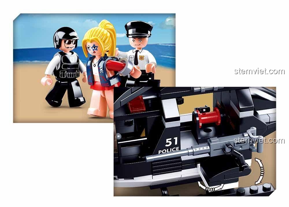 Chi tiết súng trên trực thăng tấn công cảnh sát Sluban M38-B0651, cùng minifigure cảnh sát và tội phạm, bộ lắp ghép hành động cho bé.