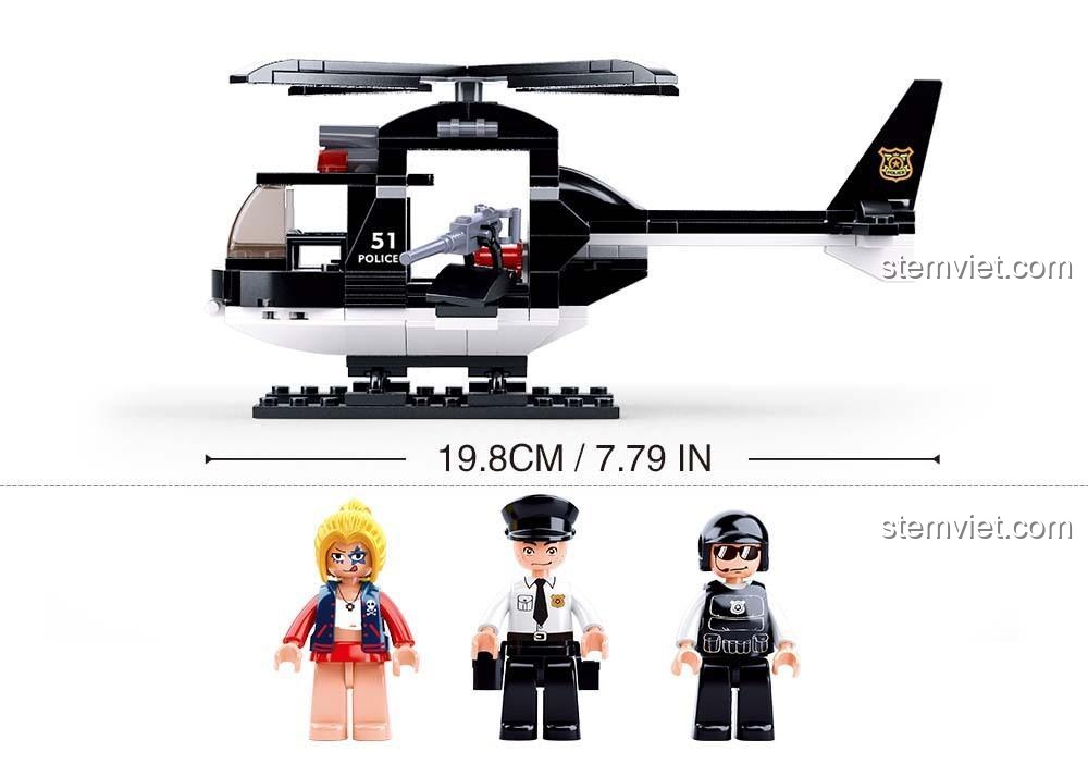 Mô hình trực thăng cảnh sát Sluban M38-B0651 với chiều dài 19.8cm, kèm 3 minifigure cảnh sát và tội phạm, đồ chơi lắp ráp chất lượng cao.