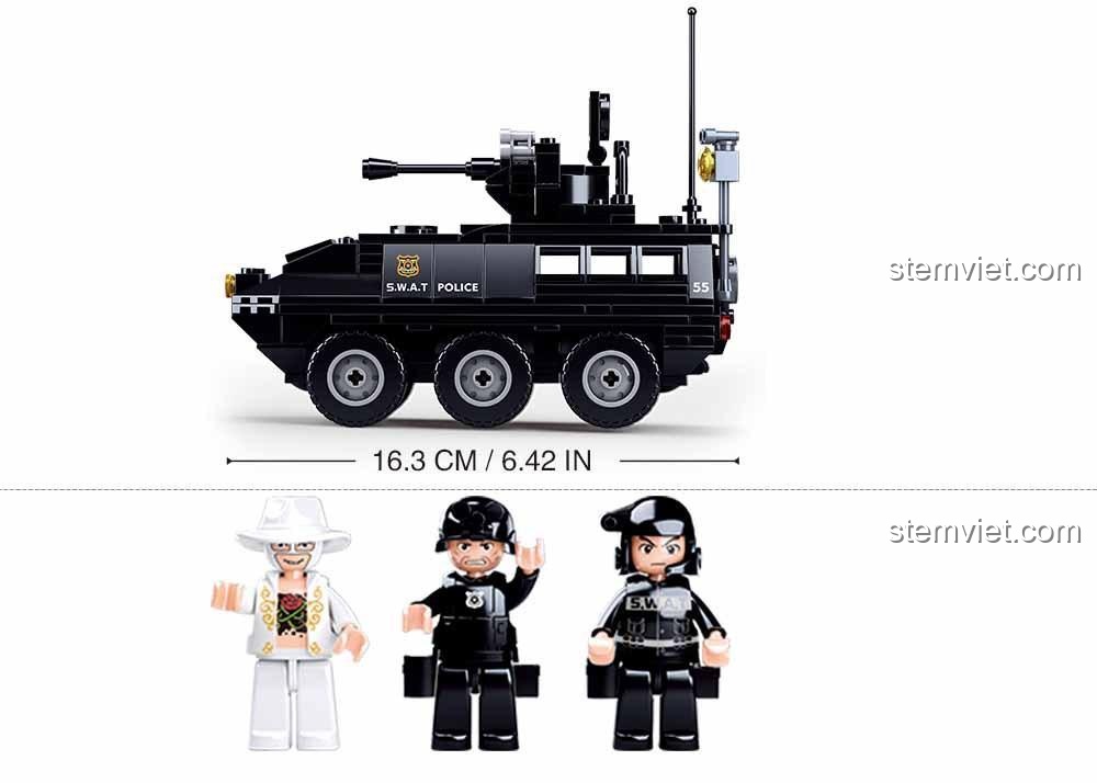 đồ chơi mô hình M38-B0655 với hình ảnh xe bọc thép đặc nhiệm SWAT có kích thước 16.3cm, cùng 3 minifigures chi tiết, phù hợp cho con trai 6 tuổi.
