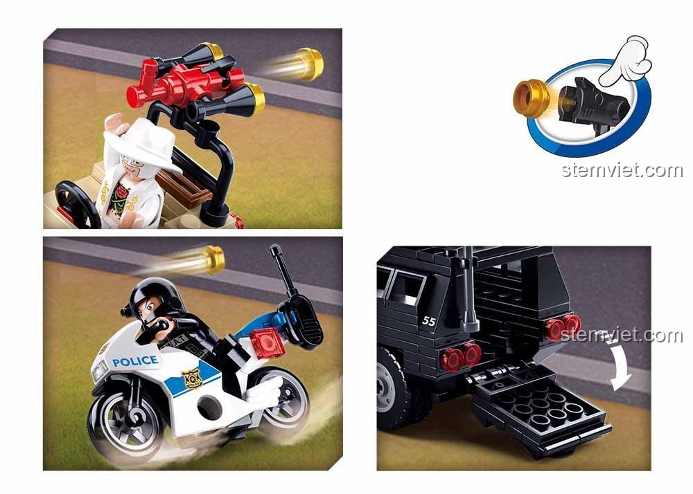 Xe Cảnh Sát Sluban M38-B0655 và xe jeep quân sự với tính năng bắn đạn nhựa, cửa sau mở được, mang lại hành động kịch tính cho bé trai 6 tuổi.