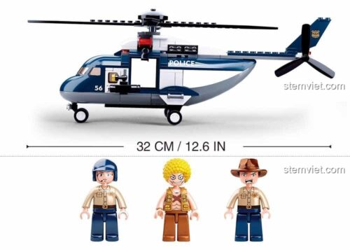Đồ chơi lắp ráp Sluban M38-B0656 Trực thăng Cảnh sát với kích thước dài 32cm, cùng 3 minifigure cảnh sát và tội phạm, lý tưởng cho bé trai 6 tuổi.