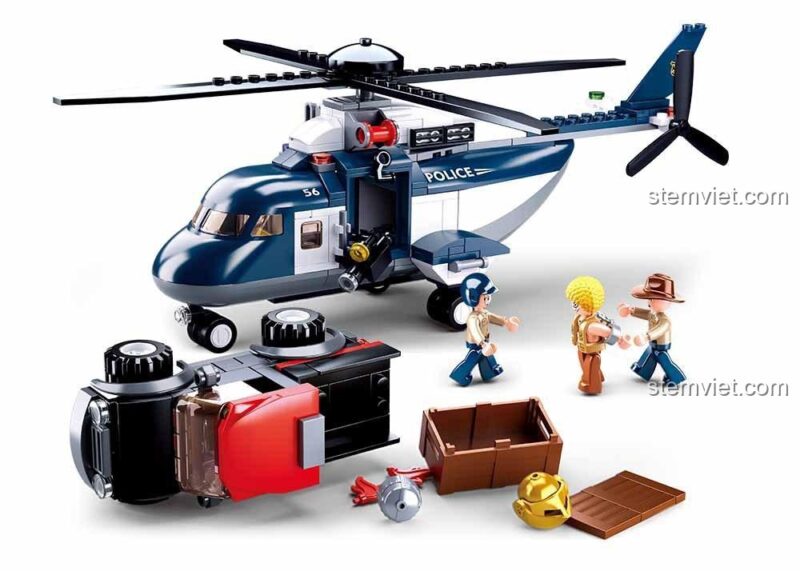 Bộ lắp ghép Xe Địa Hình Sluban M38-B0656 và trực thăng cảnh sát với các minifigure và phụ kiện, giúp bé trai 6 tuổi phát triển tư duy sáng tạo.