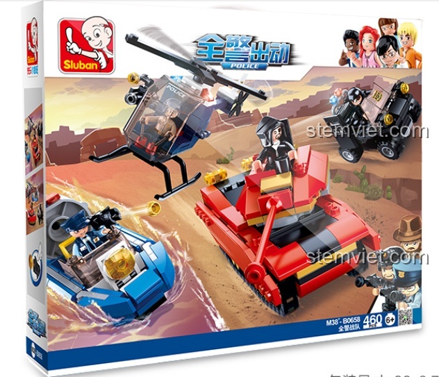 Hộp đồ chơi Sluban M38-B0658 Biệt Đội Cảnh Sát Thành Phố với hình ảnh trực thăng, xe tăng, ca nô và xe đặc nhiệm