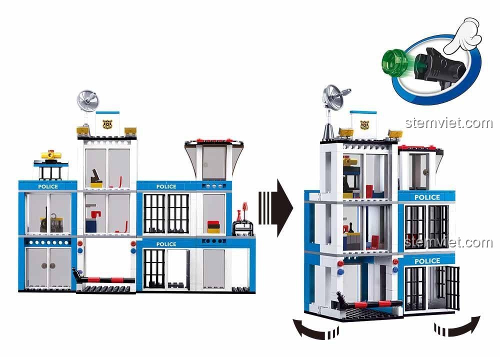 Bộ lắp ghép Sluban M38-B0660 Trụ sở Cảnh sát với tính năng biến đổi cấu trúc linh hoạt, kích thích sáng tạo và tư duy không gian cho bé trai 6 tuổi.