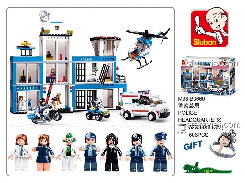 Tổng Hành Dinh Cảnh Sát Sluban M38-B0660 với 606 chi tiết và 6 minifigures cùng các phụ kiện độc đáo, mang đến giờ chơi thú vị cho bé trai 6 tuổi.