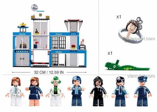 Mô hình Trụ sở Cảnh sát Sluban M38-B0660 kích thước 32cm, đi kèm 6 minifigures chi tiết và phụ kiện độc đáo, phù hợp bé trai 6 tuổi.