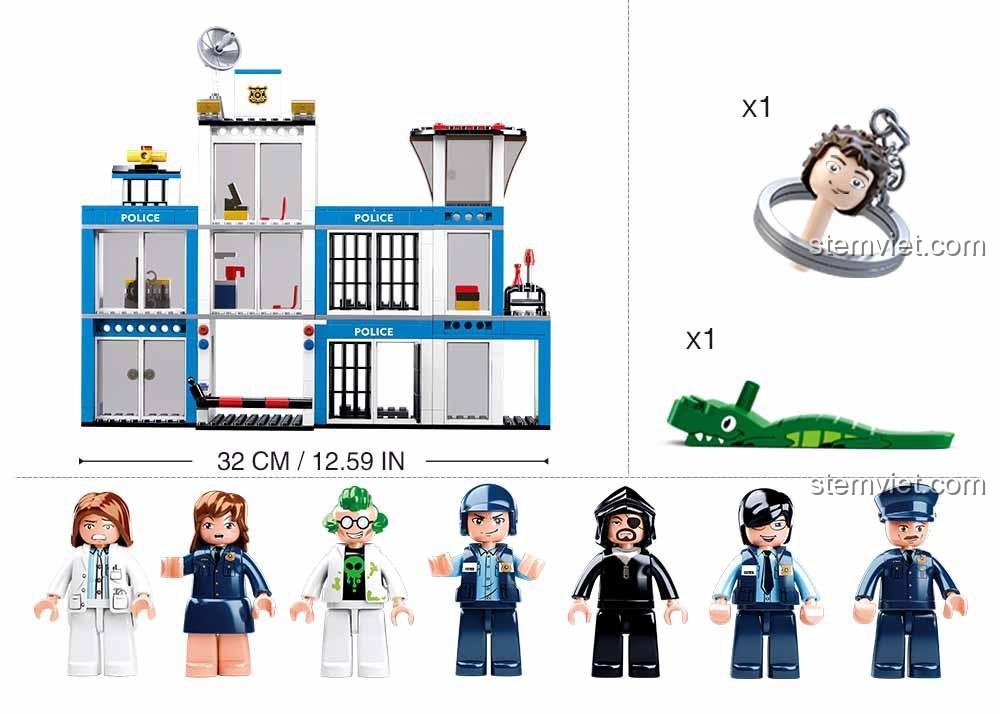 Mô hình Trụ sở Cảnh sát Sluban M38-B0660 kích thước 32cm, đi kèm 6 minifigures chi tiết và phụ kiện độc đáo, phù hợp bé trai 6 tuổi.