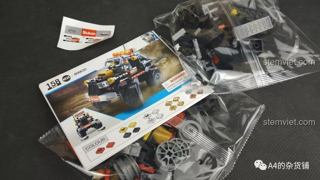 Các mảnh ghép và phụ kiện của bộ đồ chơi Sluban M38-B0663D Xe Địa Hình Explorer, đồ chơi lắp ráp xe địa hình off-road.