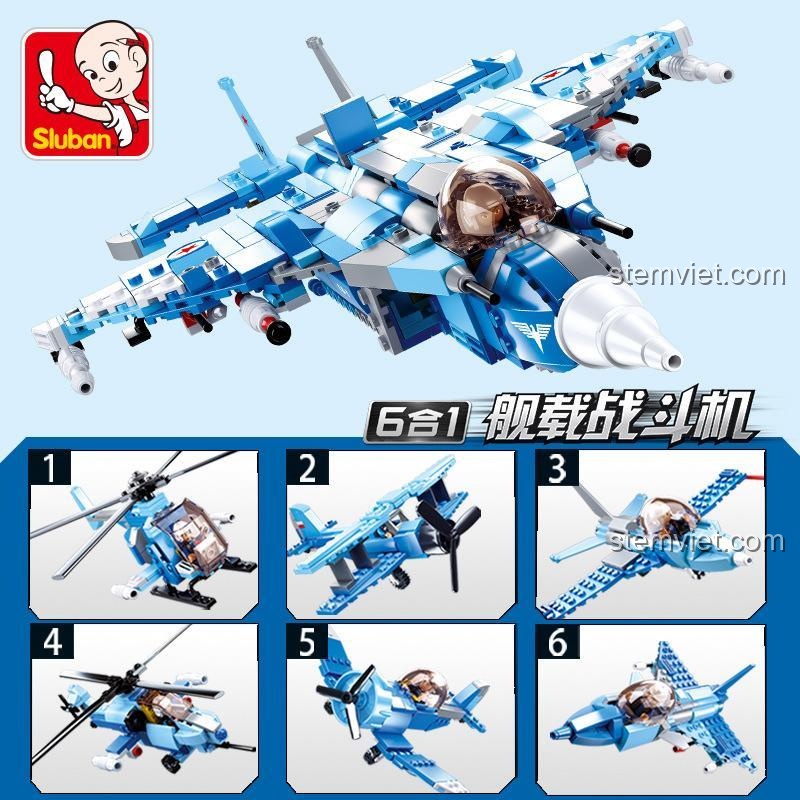 Mô hình máy bay chiến đấu của bộ đồ chơi Sluban M38-B0665 Chiến đấu cơ Hải quân 6 trong 1