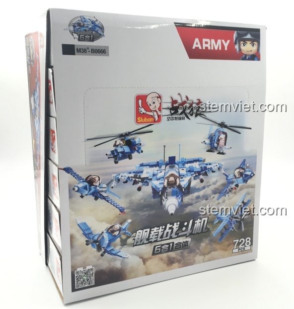 Mặt trước hộp đồ chơi Sluban M38-B0666 với hình ảnh máy bay chiến đấu.