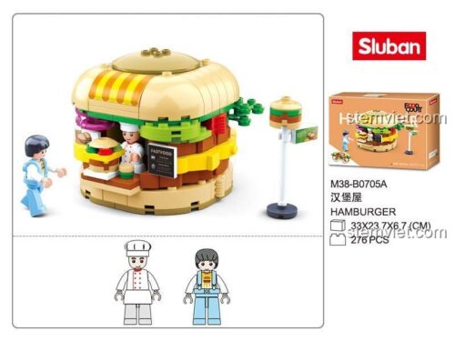 Chi tiết bộ xếp hình Cửa hàng Hamburger Sluban M38-B0705A với 276 mảnh ghép, phù hợp cho con gái 6 tuổi.