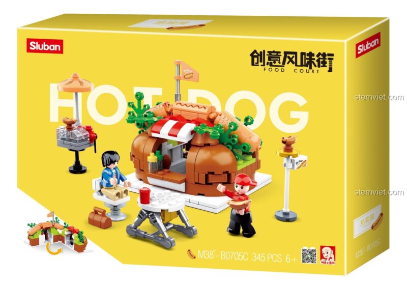Mô hình chi tiết bộ lắp ghép Cửa Hàng Xúc Xích Chó Nóng Sluban M38-B0705C với 2 minifigures, bàn ghế và các phụ kiện. Kích thước hộp 33x23.7x6.7cm, 345 mảnh.