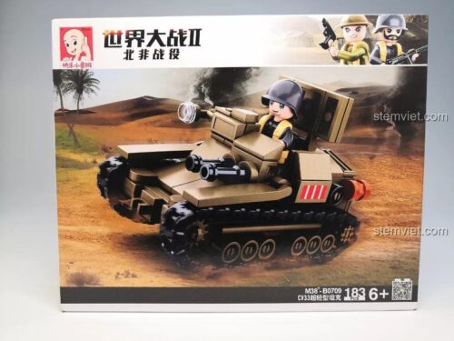 Hộp sản phẩm Sluban M38-B0709 Xe Tăng Siêu Nhẹ CV33, bộ đồ chơi lắp ráp quân sự chất lượng cao cho bé trai.