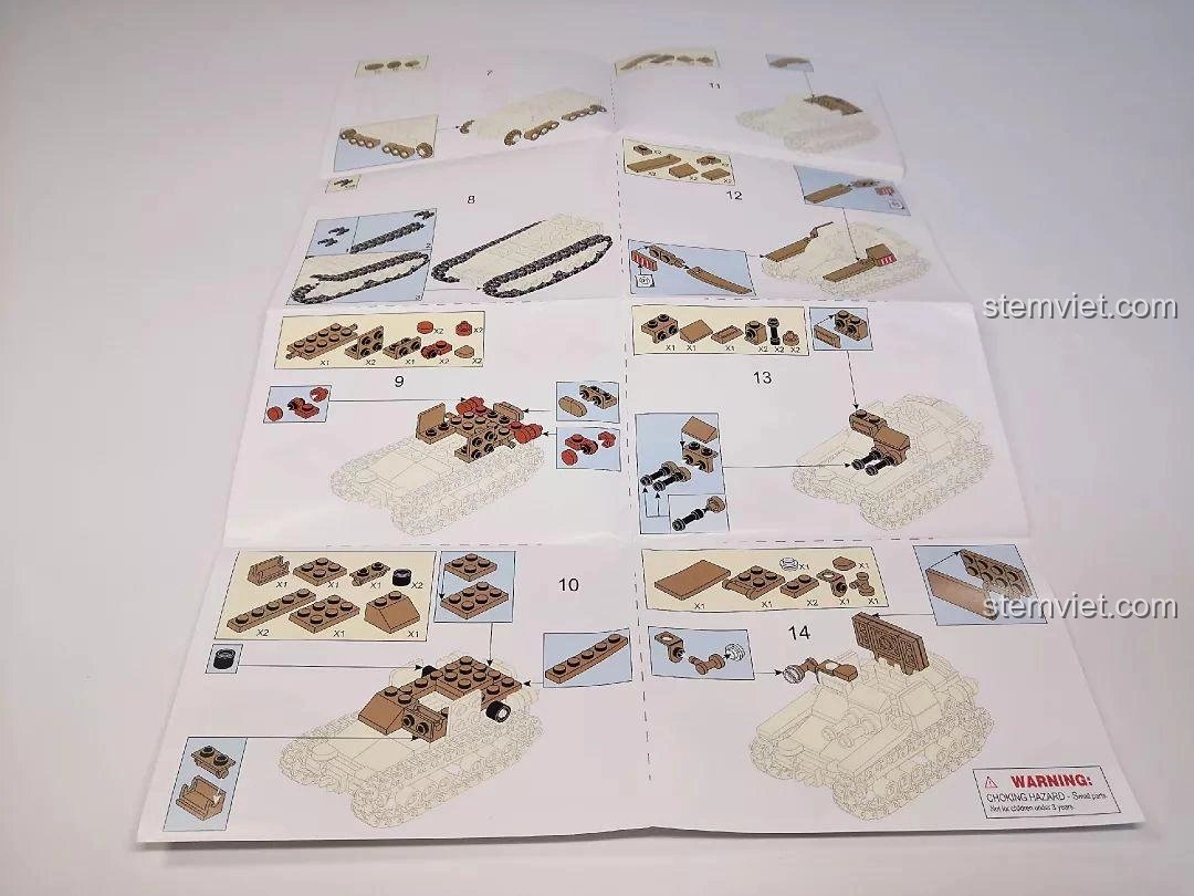 Các trang bên trong sách hướng dẫn lắp ráp Sluban M38-B0709 Xe Tăng Siêu Nhẹ CV33, với các bước lắp ráp chi tiết và hình ảnh minh họa.
